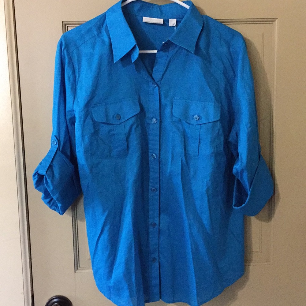 Blue button up top